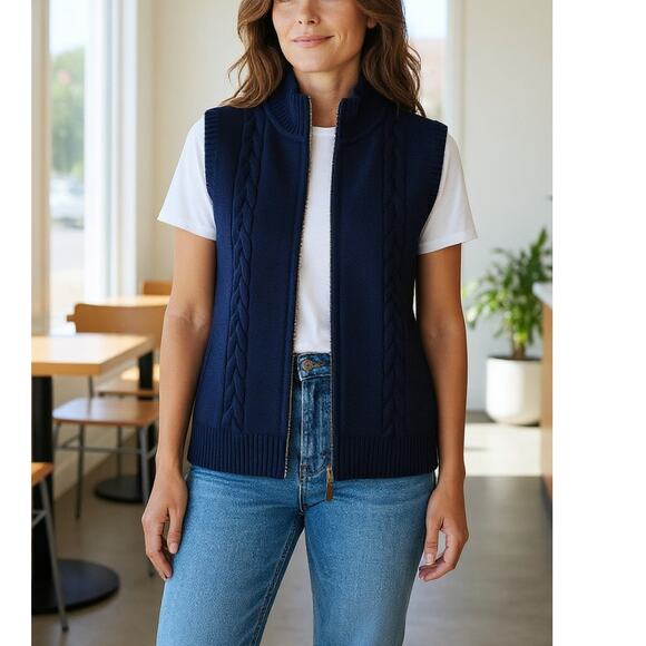 Pendleton Sweater Vest Cable Knit Womens XL Full Zipper Navy Blue Mock Neck - Picture 1 of 8